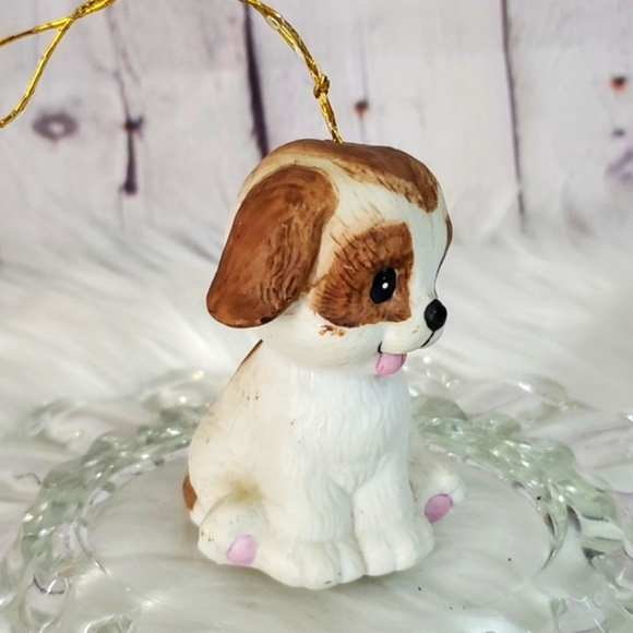 Vintage Ceramic Puppy Dog Pup Christmas Kitschy Holiday Ornament Bell Brown Wht - Picture 5 of 13